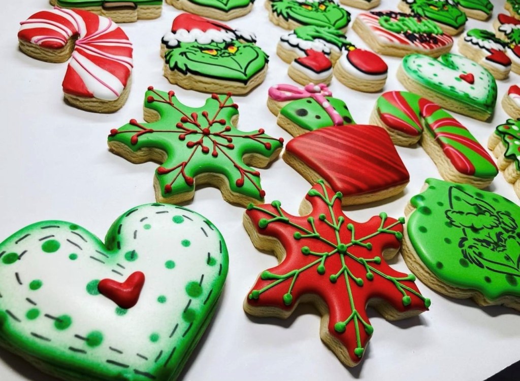 Sugar cookies Christmas shapes with red and green coloured icing